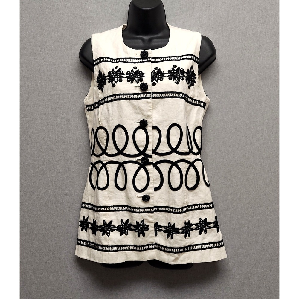 Andrea Jovine Linen Embroidered Beaded Vest Top Black Ivory Button Front Artsy 8